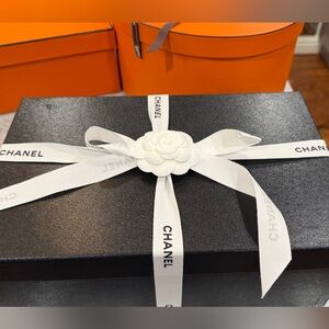 CHANEL Black Box with White Ribbon and Camellia (inside empty)